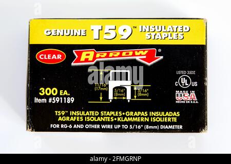 Arrow T59 Clear Insulated Staples on a white background Stock Photo
