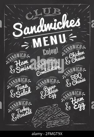 Sandwiches menu the names of sandwiches , ham swiss, chicken cheese, tuna salad, bbq cheese, ham egg, pepper cheese eeg, turkry roasted design a menu Stock Vector