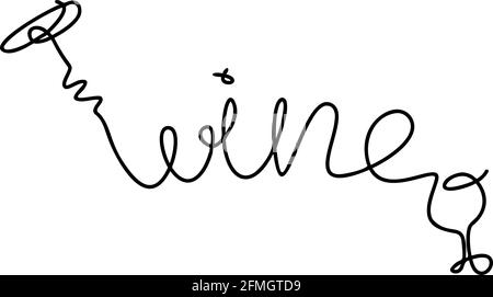 word Wine continuous doodle with corkscrew and glass oneline Stock Vector
