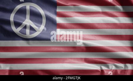 Sign of Peace flag on USA waving in the wind. American peaceful flags wavy. Symbol of pacifist united states blowing, soft and smooth silk. Realistic