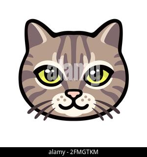 Cartoon tabby cat face drawing. Cute striped kitty portrait, vector clip art illustration. Stock Vector