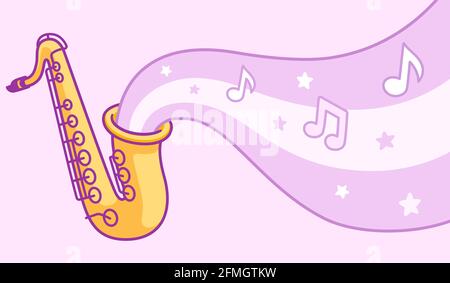 Cartoon jazz banner or poster with saxophone playing music, notes and stars. Simple cute drawing, isolated vector clip art illustration. Stock Vector