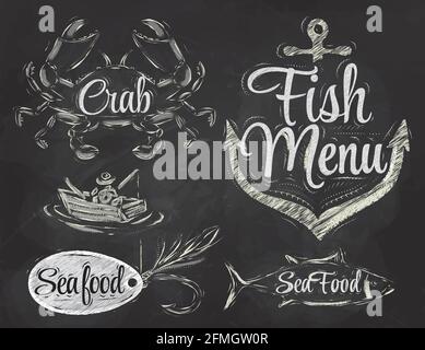 Set collection of seafood and fish menu with crab fisherman and fish and anchor baited hook and stylized for the drawing with chalk on the blackboard Stock Vector