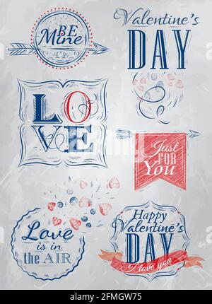 Valentine's Day and Love lettering collection of Valentine's Day from letters stylized for the drawing on grey background Stock Vector