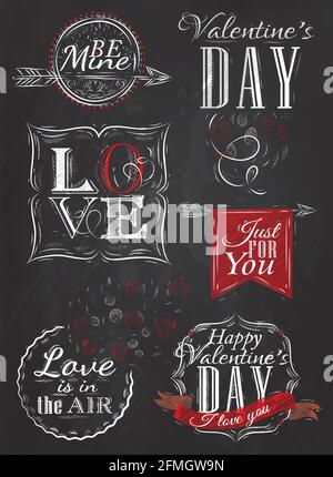 Valentine's Day and Love lettering collection of Valentine's Day from letters stylized for the drawing with chalk of red on the blackboard. Stock Vector