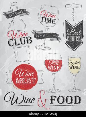 Set collection of wine, wine club, wine red, wine white, wine glass and stylized for the drawing with coal of red, white, brown on blackboard. Stock Vector