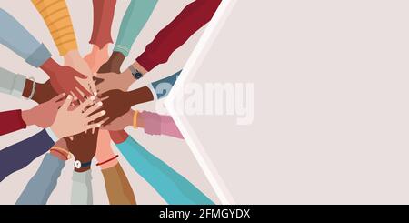 Group hands on top of each other of diverse multi-ethnic and multicultural people. Agreement or affair between a group of colleagues or collaborators. Stock Vector