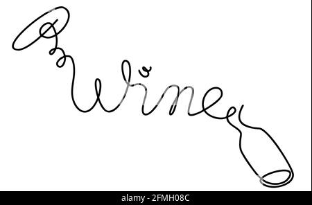 Single outline drawing word wine with bottle and corkscrew doodle continuous Stock Vector