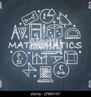 Round banner with math symbols and instruments in colored line style ...