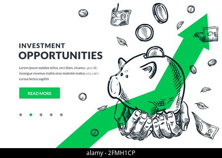 Investment and finance growth business concept. Human hands hold piggy bank with falling coins on green arrow background. Hand drawn vector sketch ill Stock Vector