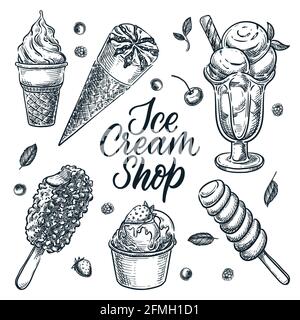 Ice cream shop or cafe design elements set, isolated on white background. Vector hand drawn sketch illustration of summer dessert and snacks Stock Vector