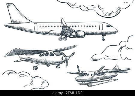 Planes collection, vector sketch illustration. Seaplane, hydroplane and tourist plane isolated on white background. Air travel hand drawn design eleme
