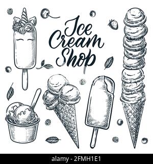 Colorful ice cream cone icons set. Vector cartoon food illustration. Summer dessert snacks collection. Sweet design elements, isolated on white backgr Stock Vector