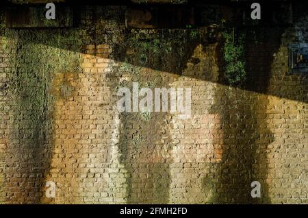 Damp and water damage to a railway bridge brickwork at Seasalter Kent  England UK Stock Photo