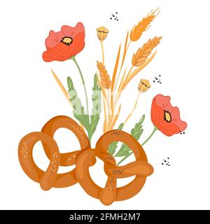 Soft Pretzels grouped with cereal ears and poppy flowers, flat vector isolated. Stock Vector