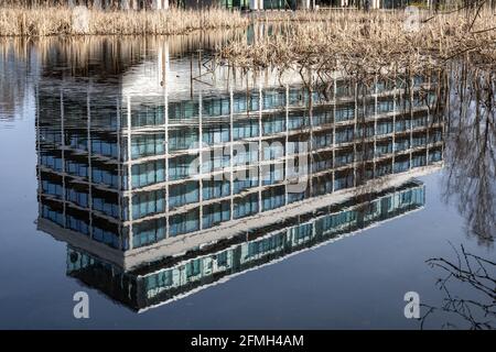 Reflection of Munkkiniemen puistotie 25 in water.Munkkiniemi district of Helsinki. Finland. Stock Photo