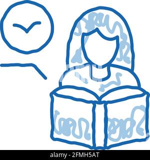 Girl Reading Book About Bird doodle icon hand drawn illustration Stock Vector