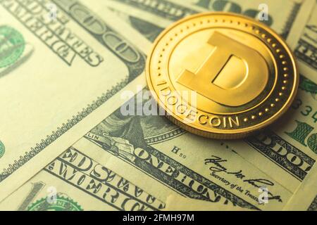 One dogecoin and dollars on the background, concept of exchange crypto currency, new virtual money photo Stock Photo
