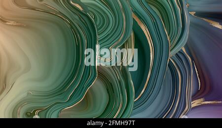 Agate slice, fluid marble, abstract background with gold stripe texture. Abstract fluid stone texture, marbled surface, digital marbling. Illustration Stock Photo