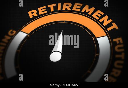 Retirement meter with Needle on it in Orange Color. Abstract Retirement plan modern backdrop concept Stock Photo