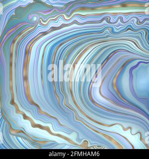 Abstract Agate marble background. Turquoise blue fluid marbling effect, gold vein. Wavy marbling fluid design in pastel colours, gold curves. Beautifu Stock Photo