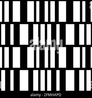 Barcode irregularly stripes seamless pattern. Abstract black and white stripes in rows background. Geometrical simple vertical and gorizontal lines or Stock Vector