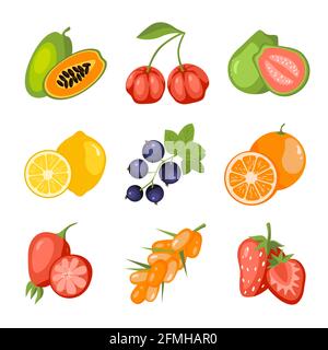 Fruits and berries cartoon icon set. Papaya, acerola cherry, guava, lemon, blackcurrant, orange, rosehip, sea buckthorn, strawberry. Vitamin healthy f Stock Vector