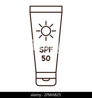 Sun protection factor SPF. Outline beach leisure symbol for logo, web design, stickers, prints. Black and White vector sea vacation flat icon, thin line Stock Vector