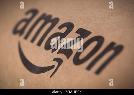 A close-up of the logo of the online retailer Amazon as seen on some packaging. Stock Photo