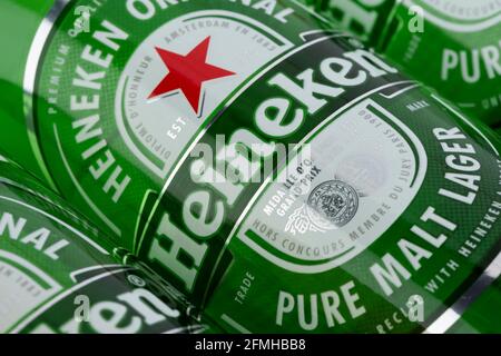 The logo of Dutch beer brand Heineken as seen on a label on one of the company's beer bottles. Stock Photo