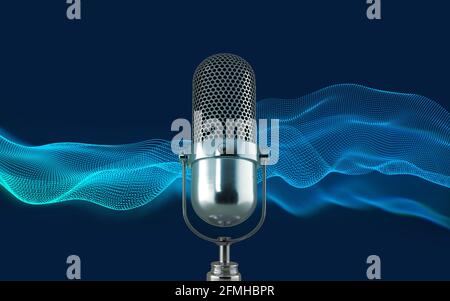 Microphone and Beauty abstract wave technology background with blue led light. podcast, live, streaming concept. 3d rendering. Stock Photo