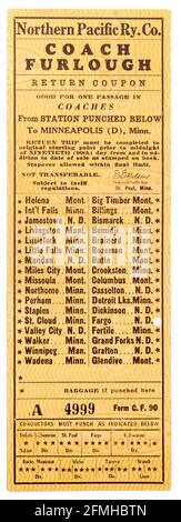 October 11, 1945 Northern Pacific Railway Co. Coach Furlough return coupon punched for the city of Fargo, ND and Minneapolis, MN. The ticket has a lis Stock Photo