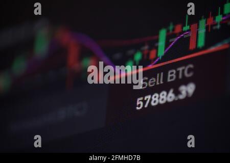 Shallow depth of field footage with details of Bitcoin cryptocurrency price fluctuations on a crypto exchange app, on a digital screen. Stock Photo