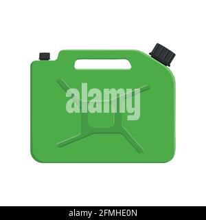 Gasoline canister with cap. Green petrol jerrycan isolated on white background. Vector cartoon illustration. Stock Vector