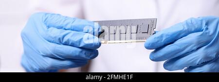 Technician hands in rubber gloves holding computers ram closeup Stock Photo