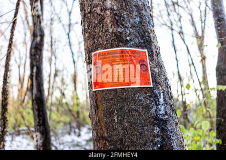 Herndon, USA - December 17, 2020: Sugarland Run Stream Valley park with sign on tree for Archery Program in progress to hunt and kill excess deer duri Stock Photo