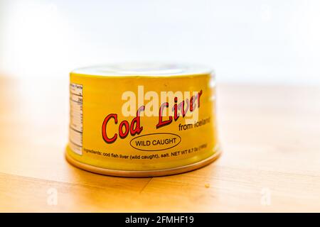 Herndon, USA - December 17, 2020: Storebought traditional canned cod liver in oil in can by Iceland as illustrative editorial with sign brand Stock Photo