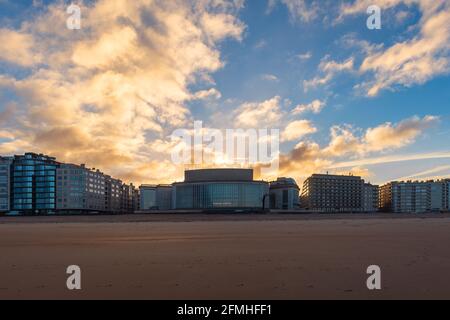 Oostende (Ostend) city skyline at with North Sea beach and waterfront promenade at sunrise, Flanders, Belgium. Stock Photo