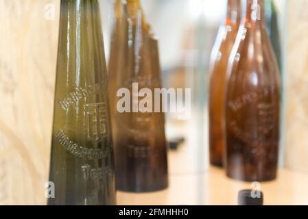 Tver. Russia. Spring 2019. Centenary beer bottles. Beer was drunk from such bottles in Tver more than a hundred years ago. Stock Photo