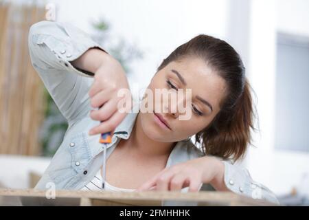 a young woman using screwdriver Stock Photo