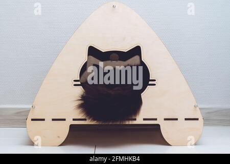 Wooden cat house made of plywood with entrance in form of cat's face, with black cat's tail, sticking out of it Stock Photo