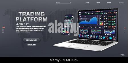 Trade Platform Web Banner Mockup. Market monitoring and trading stocks and cryptocurrencies online. Forex market, news and analysis. Trade App and Stock Vector