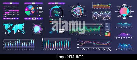 Modern Neon UI, UX and KIT elements interface with charts, graphics and infographics. Network management data screen with charts and diagrams HUD Stock Vector