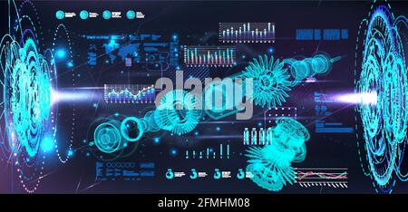 Turbine Jet Engine blueprint in hologram projectors with HUD interface. 3D gears xray. Industry 4.0 and hi-tech technology futuristic engineering Stock Vector