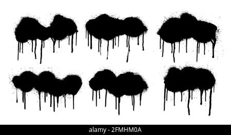 Set spray graffiti stencil template. Isolated collection with dripping paint, smudges and drops. Grunge high level tracing. Urban art layout for text Stock Vector