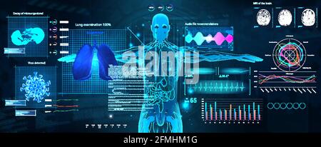 Sci-fi Healthcare examination HUD style. Full scan of the human body and all organs, Hi-tech x-ray. Identifying viruses and infections using AI. HUD Stock Vector