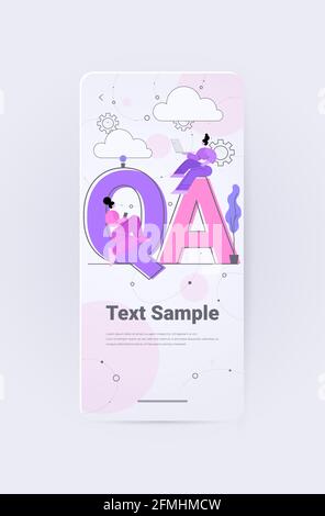 developers testing software app on digital gadgets QA quality assurance coding programming question answer SQA Stock Vector