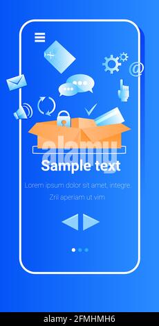 social media icons in cardboard box online communication concept vertical Stock Vector