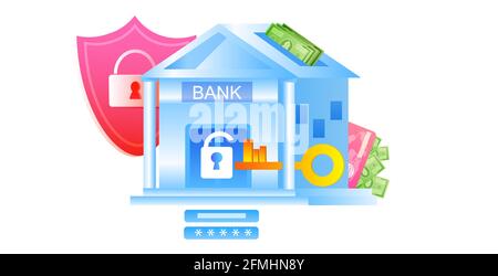 bank building under protection big security shield full coverage property insurance safe payment Stock Vector