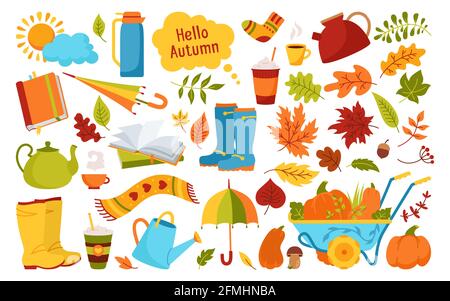 Autumn hand drawn trendy cartoon set. Rural flat rustic fall leave, book and coffee, umbrella, doodle cup drink sticker icons collection. Kettle, sock, pumpkin autumn clip art web card vector poster Stock Vector